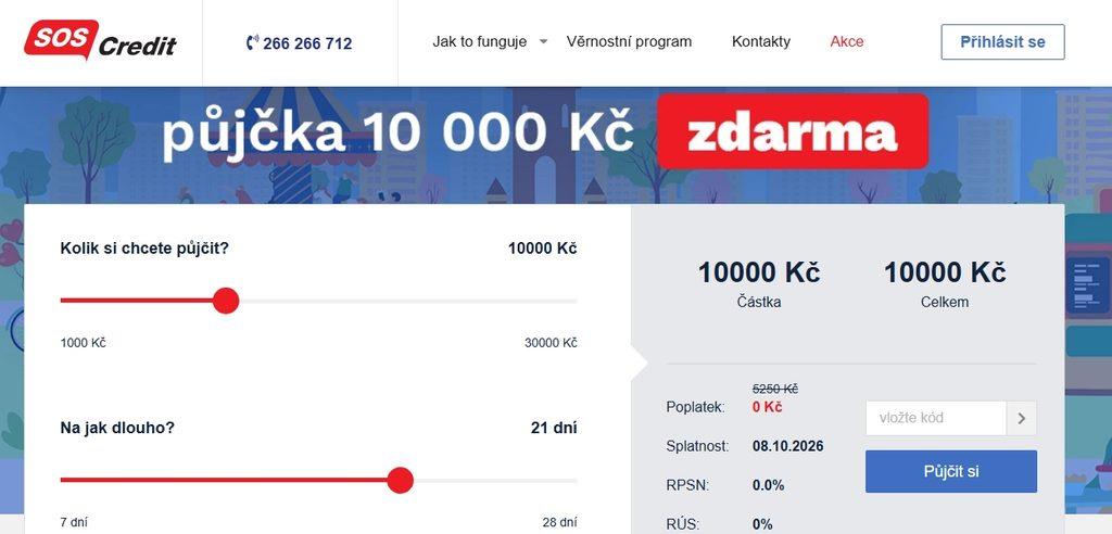 Půjčka od SOS Credit nabízí první půjčku do 10 000 Kč bez poplatků, splatnost je maximálně 4 týdny.